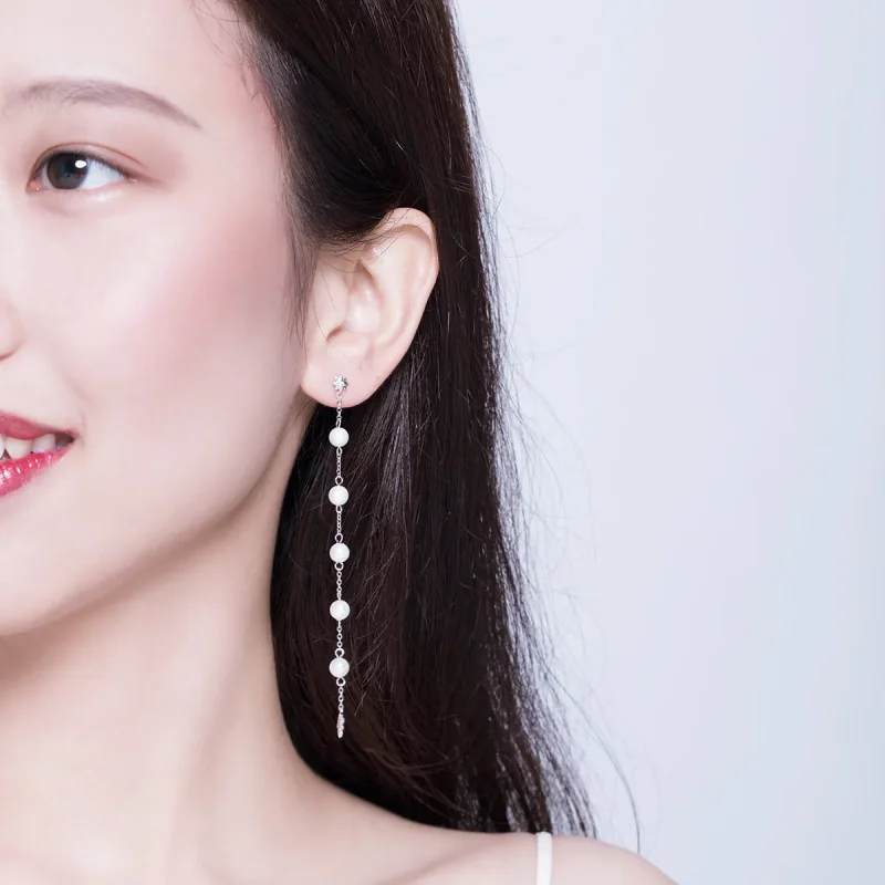 (image for) Pandora Style Pearl Tassel Hanging Earrings - BSE185 - View 6