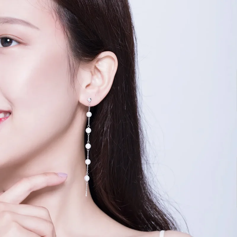 (image for) Pandora Style Pearl Tassel Hanging Earrings - BSE185 - View 7