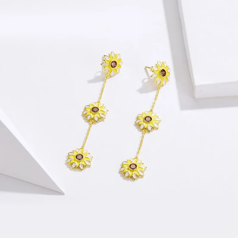 (image for) Pandora Style Sun Flower Hanging Earrings - BSE187 - View 2