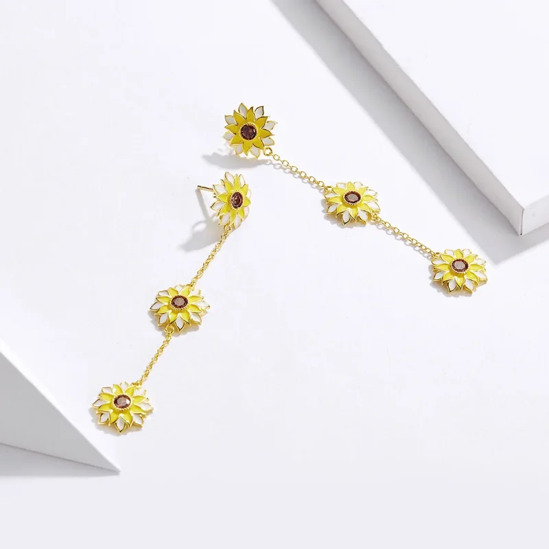 (image for) Pandora Style Sun Flower Hanging Earrings - BSE187 - View 3