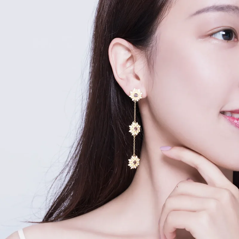 (image for) Pandora Style Sun Flower Hanging Earrings - BSE187 - View 5