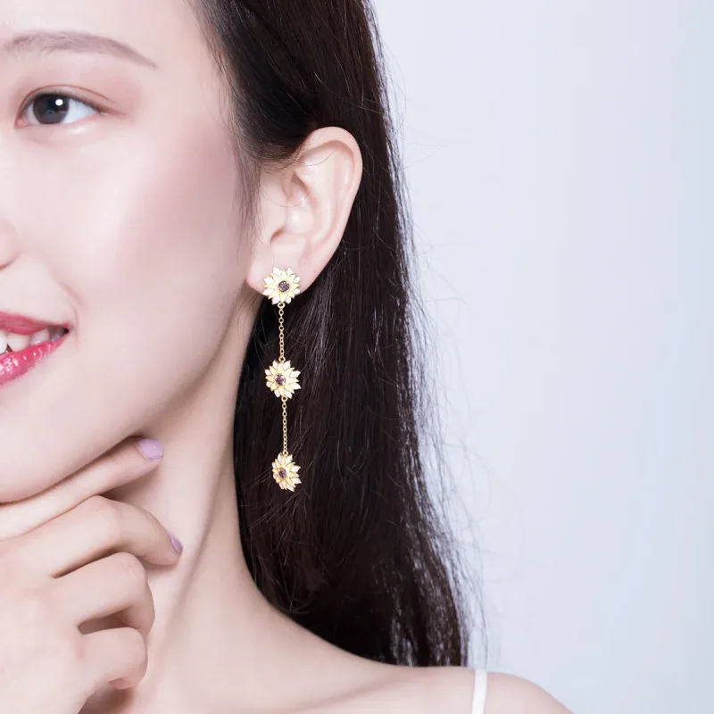 (image for) Pandora Style Sun Flower Hanging Earrings - BSE187 - View 6