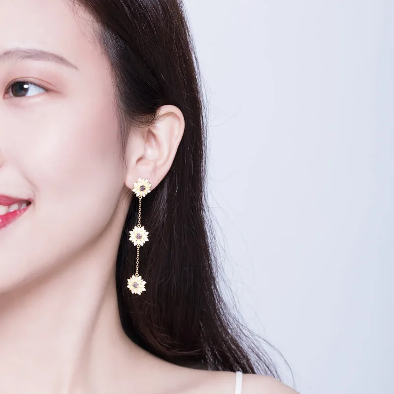 (image for) Pandora Style Sun Flower Hanging Earrings - BSE187 - View 7