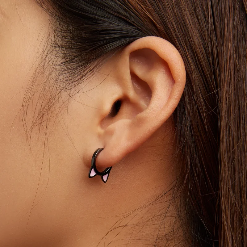 (image for) Pandora Style Black Cat Ears Hoop Earrings - SCE1515 - View 7