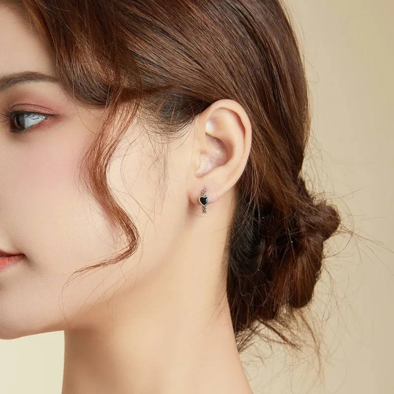 (image for) Pandora Style Black Heart Hoop Earrings - BSE456 - View 7