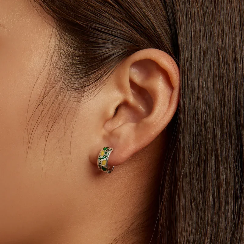 (image for) Pandora Style Green Leaf Lemon Hoop Earrings - SCE1376 - View 6