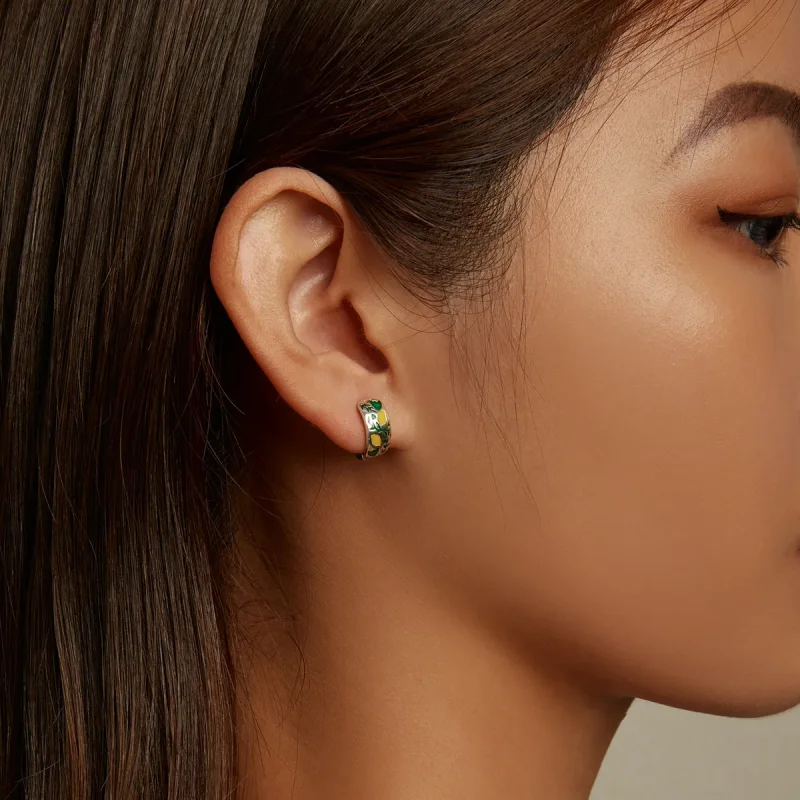 (image for) Pandora Style Green Leaf Lemon Hoop Earrings - SCE1376 - View 7
