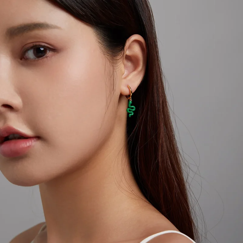 (image for) Pandora Style Green Snake Hoop Earrings - SCE1234 - View 3