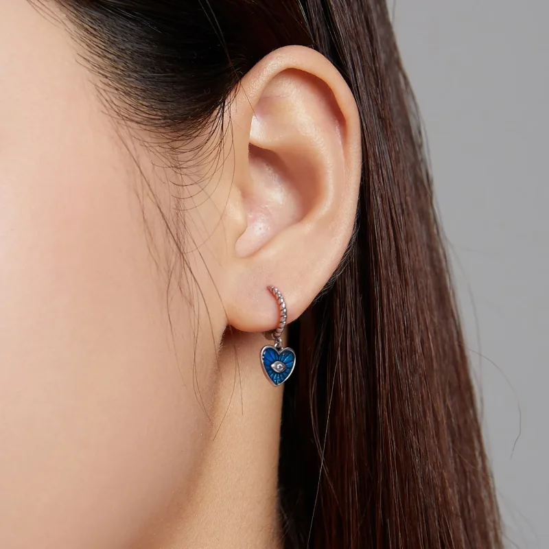 (image for) Pandora Style Heart Demon Eyes - Sapphire Blue Hoop Earrings - SCE1270-BU - View 4