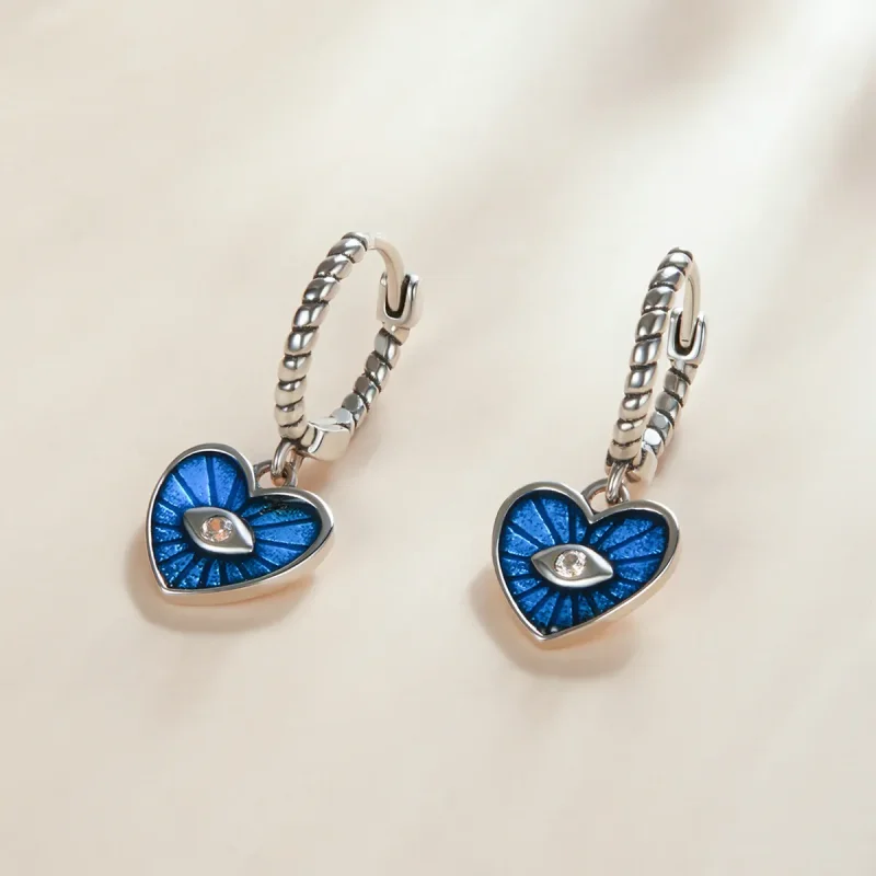 (image for) Pandora Style Heart Demon Eyes - Sapphire Blue Hoop Earrings - SCE1270-BU - View 5