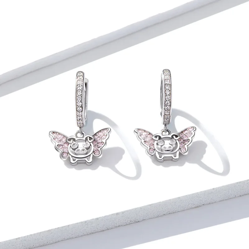 (image for) Pandora Style Little Flying Pig Hoop Earrings - BSE224 - View 3