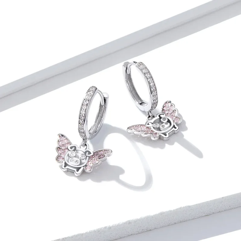 (image for) Pandora Style Little Flying Pig Hoop Earrings - BSE224 - View 4