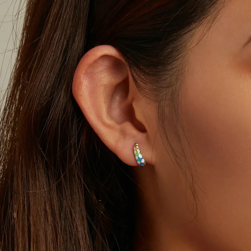 (image for) Pandora Style Rainbow Checkerboard Hoop Earrings - SCE1351 - View 3