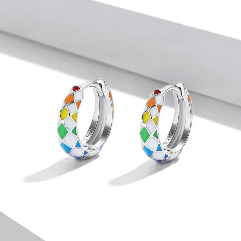 (image for) Pandora Style Rainbow Checkerboard Hoop Earrings - SCE1351 - View 2