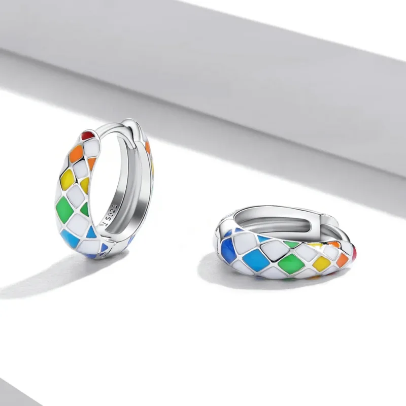 (image for) Pandora Style Rainbow Checkerboard Hoop Earrings - SCE1351 - View 4