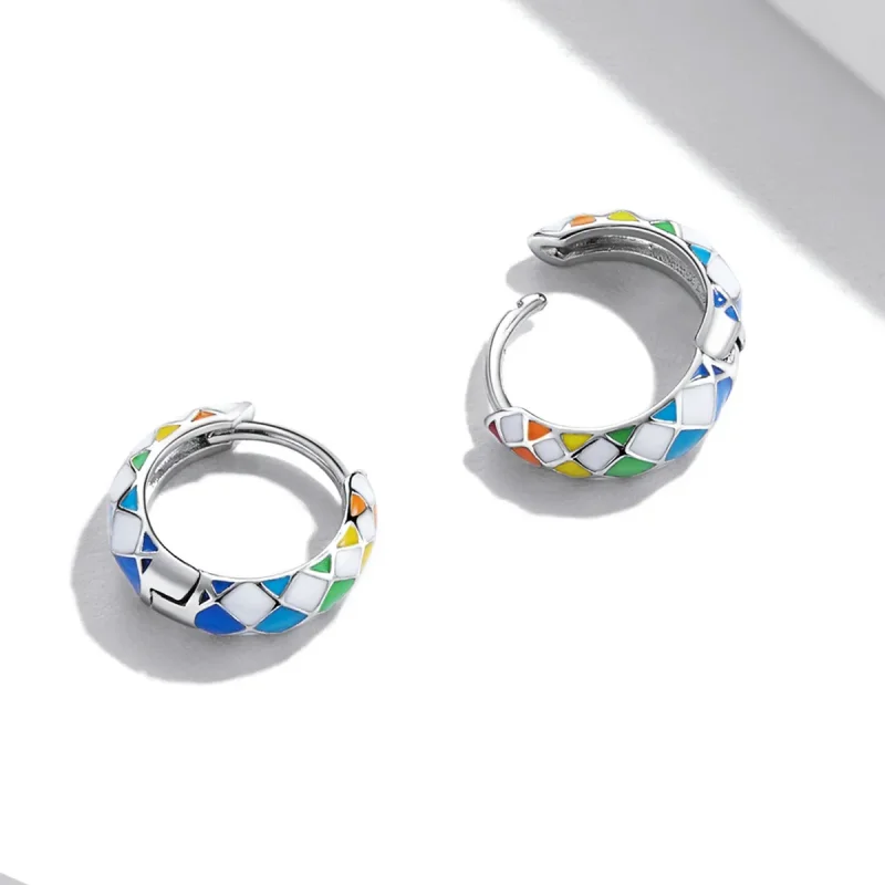 (image for) Pandora Style Rainbow Checkerboard Hoop Earrings - SCE1351 - View 5