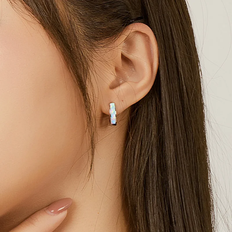 (image for) Pandora Style Simple Opal Hoop Earrings - SCE861 - View 5