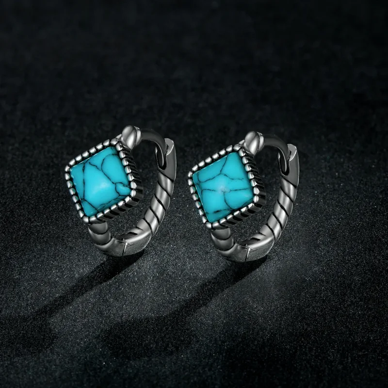 (image for) Pandora Style Square Turquoise Hoop Earrings - BSE590 - View 5