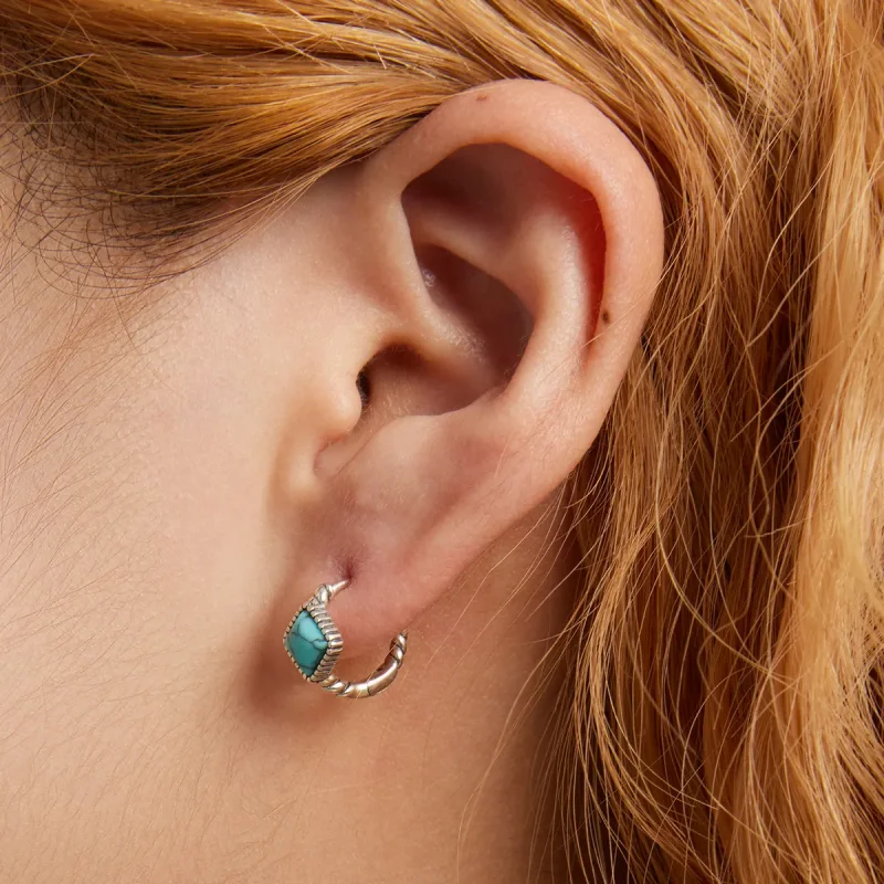 (image for) Pandora Style Square Turquoise Hoop Earrings - BSE590 - View 6