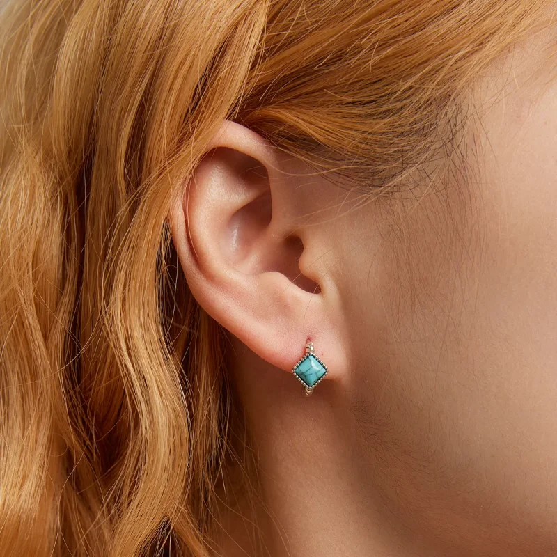 (image for) Pandora Style Square Turquoise Hoop Earrings - BSE590 - View 7
