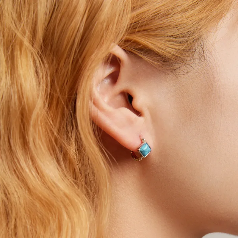 (image for) Pandora Style Square Turquoise Hoop Earrings - BSE590 - View 8