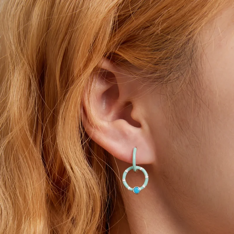 (image for) Pandora Style Turquoise Double Circle Hoop Earrings - SCE1405 - View 6
