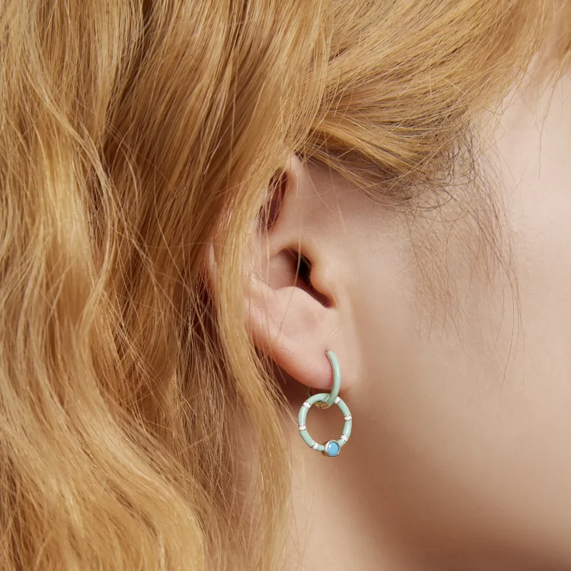 (image for) Pandora Style Turquoise Double Circle Hoop Earrings - SCE1405 - View 7