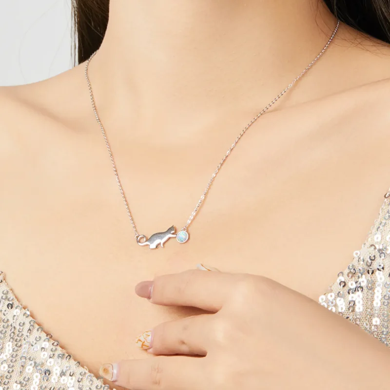 (image for) Pandora Style Opal Cat Necklace - SCN395 - View 6