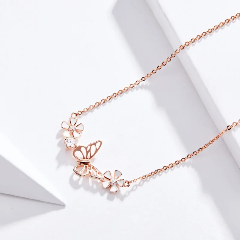 (image for) Pandora Style Rose Gold Dancing Butterfly Pendant Necklace - BSN053 - View 2
