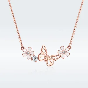 (image for) Pandora Style Rose Gold Dancing Butterfly Pendant Necklace - BSN053