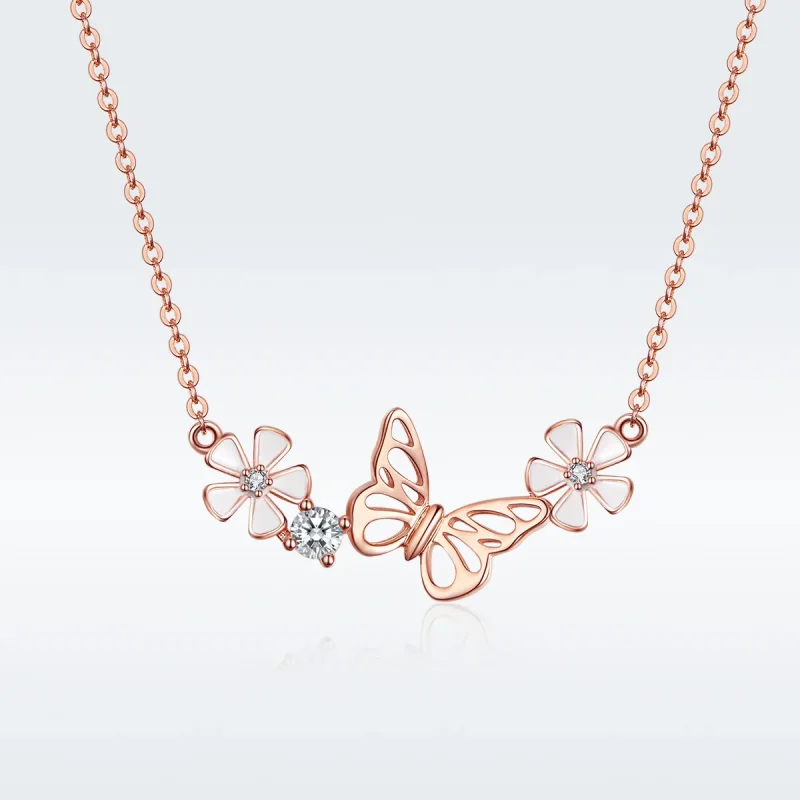 (image for) Pandora Style Rose Gold Dancing Butterfly Pendant Necklace - BSN053