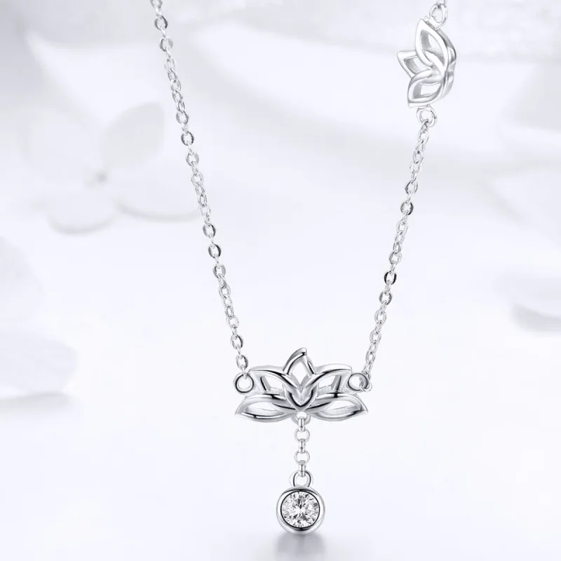 (image for) Pandora Style Silver Fresh Lotus Pendant Necklace - BSN012 - View 4