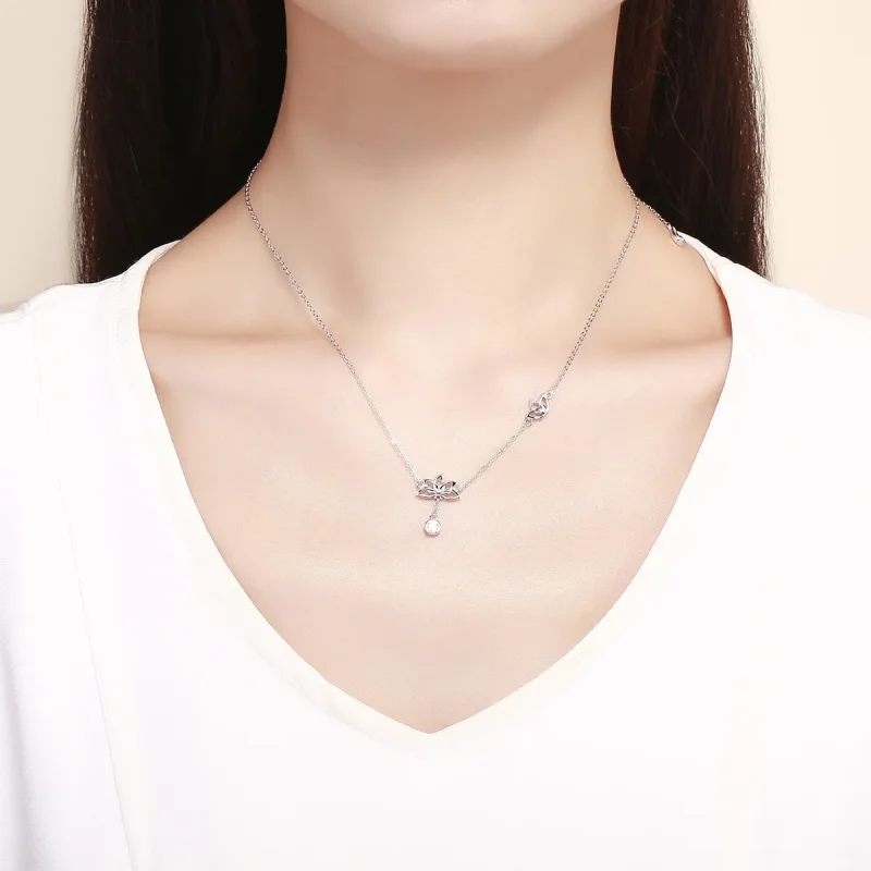 (image for) Pandora Style Silver Fresh Lotus Pendant Necklace - BSN012 - View 6
