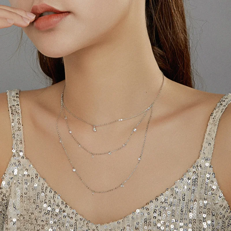 (image for) Pandora Style Silver Long Layered Three Strand Pendant Necklace - SCN429 - View 7