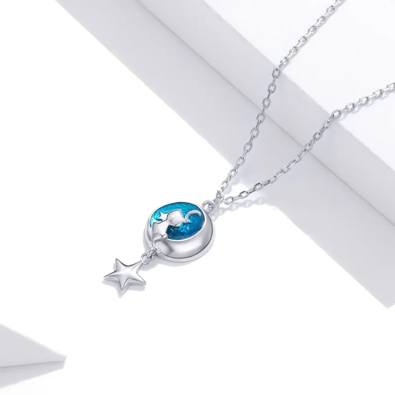 (image for) Pandora Style Silver Moon & Cat Pendant Necklace - SCN422 - View 2