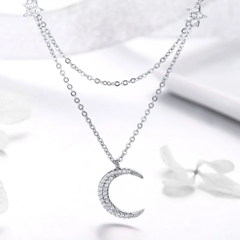 (image for) Pandora Style Silver Moon & Stars Pendant Necklace - BSN038 - View 2