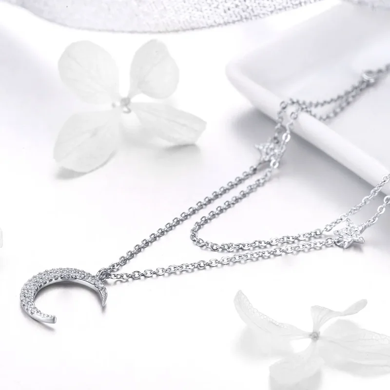 (image for) Pandora Style Silver Moon & Stars Pendant Necklace - BSN038 - View 3