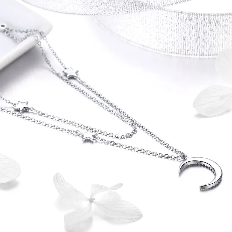 (image for) Pandora Style Silver Moon & Stars Pendant Necklace - BSN038 - View 4