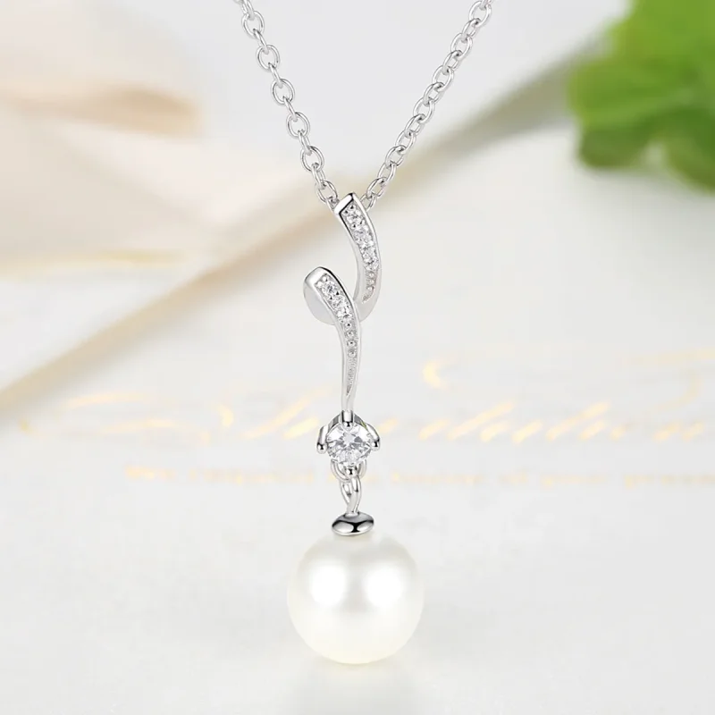 (image for) Pandora Style Silver Necklace with Pearl Pendnat- SCN048 - View 3