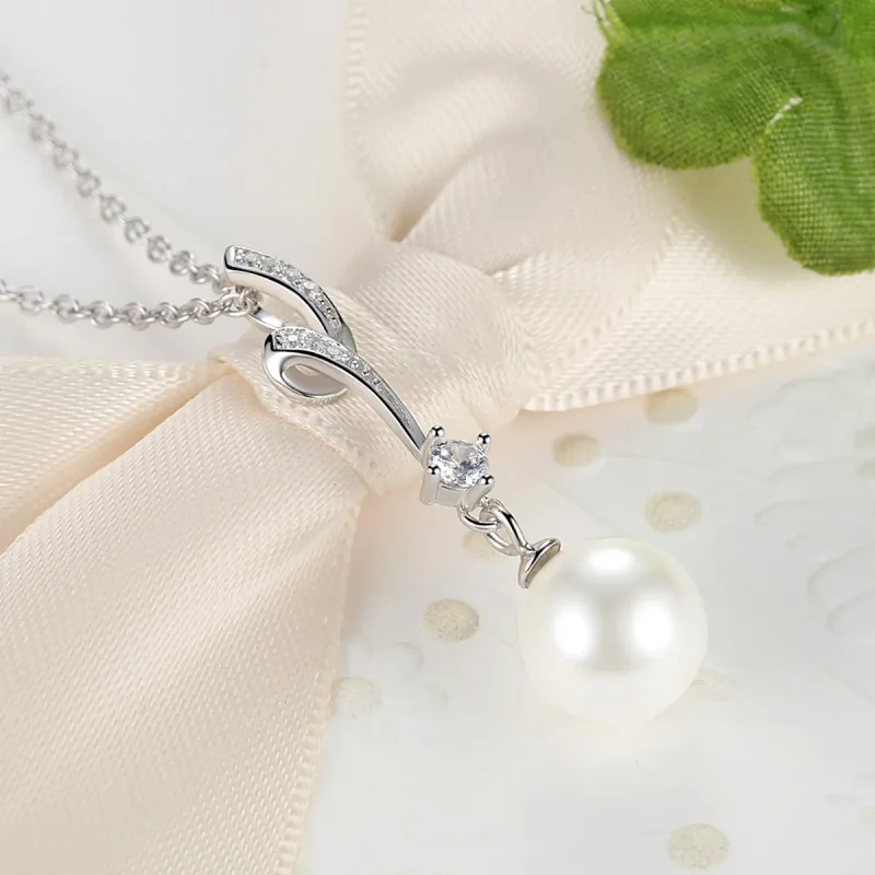 (image for) Pandora Style Silver Necklace with Pearl Pendnat- SCN048 - View 5