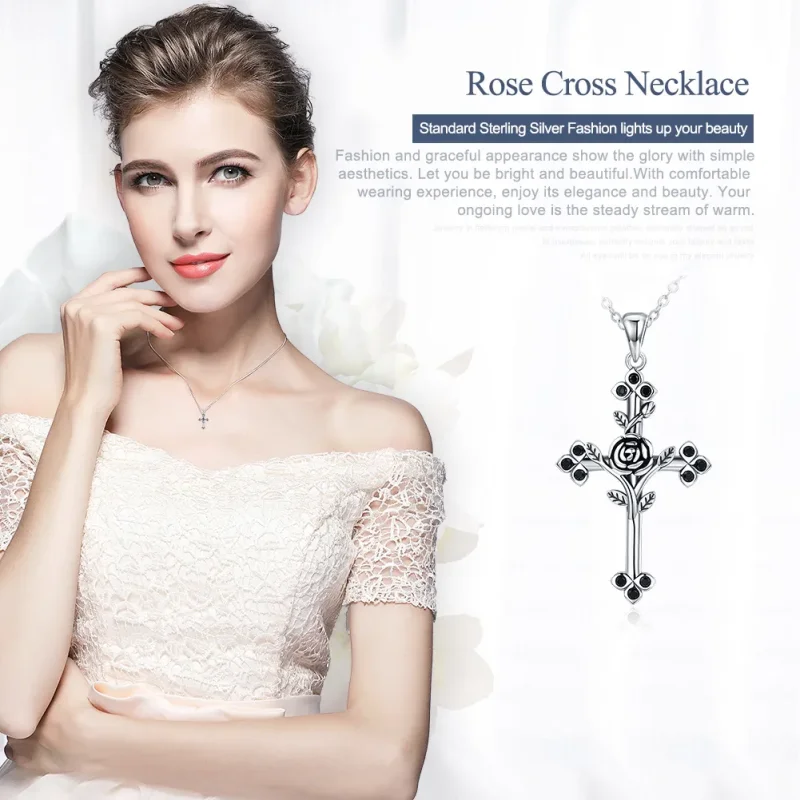 (image for) Pandora Style Silver Rose Cross Necklace - SCN091 - View 2