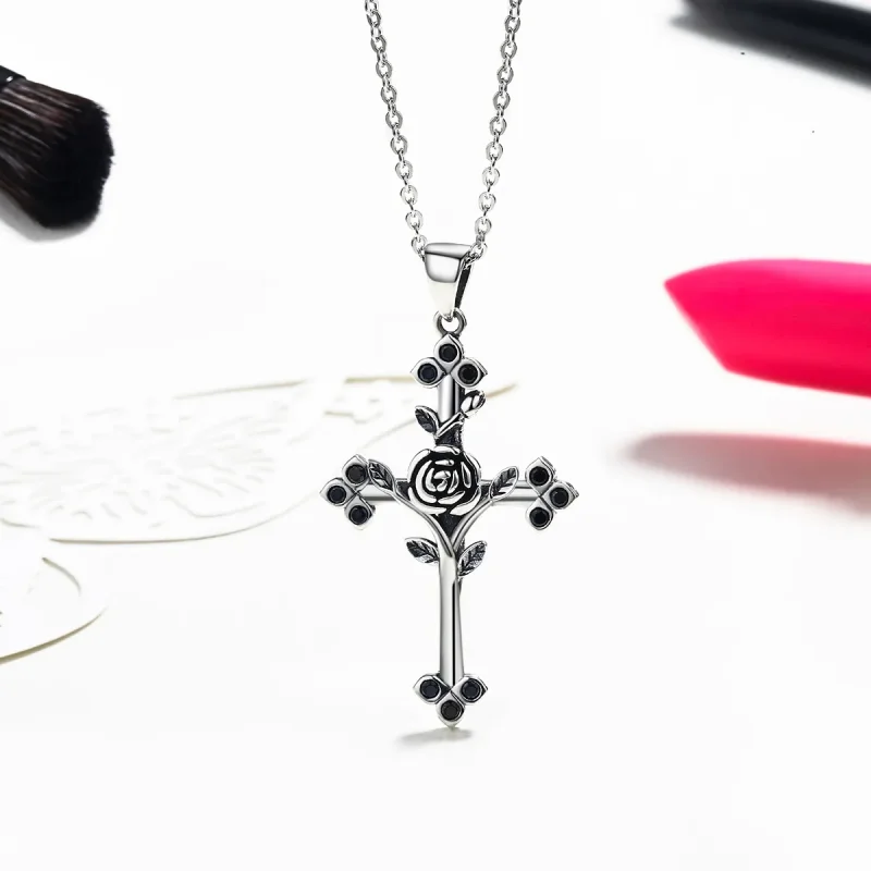 (image for) Pandora Style Silver Rose Cross Necklace - SCN091 - View 4