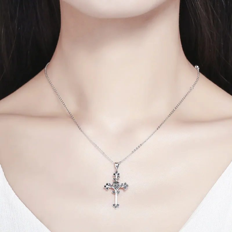 (image for) Pandora Style Silver Rose Cross Necklace - SCN091 - View 6