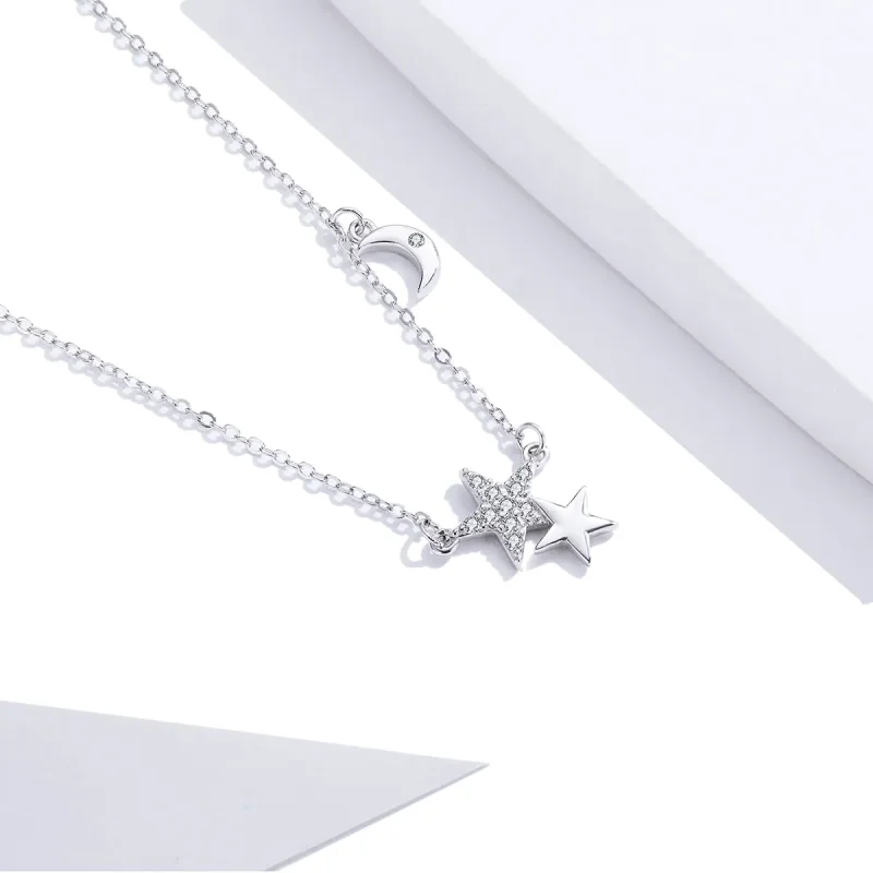 (image for) Pandora Style Silver Stars and Moon Story Necklace - SCN404 - View 2