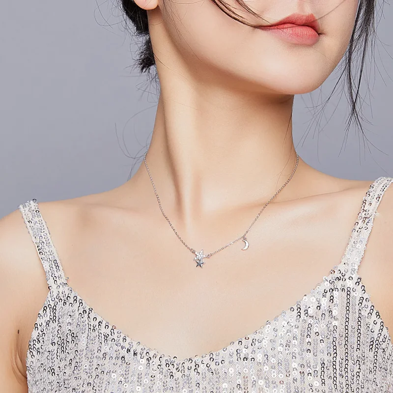 (image for) Pandora Style Silver Stars and Moon Story Necklace - SCN404 - View 6