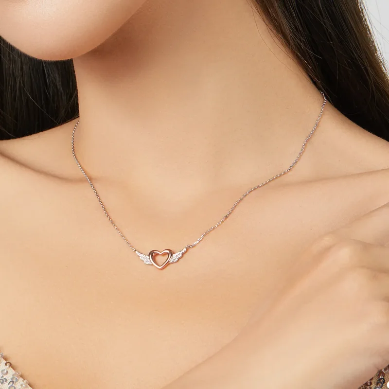 (image for) Pandora Style Two Tone Bicolor Heart Wing Pendant Necklace - BSN162 - View 7