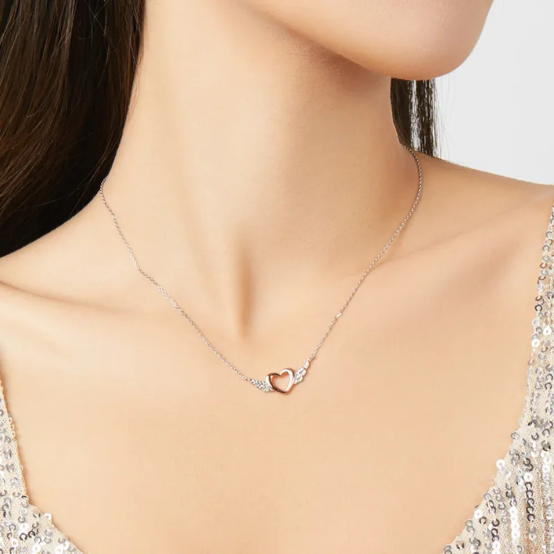 (image for) Pandora Style Two Tone Bicolor Heart Wing Pendant Necklace - BSN162 - View 9
