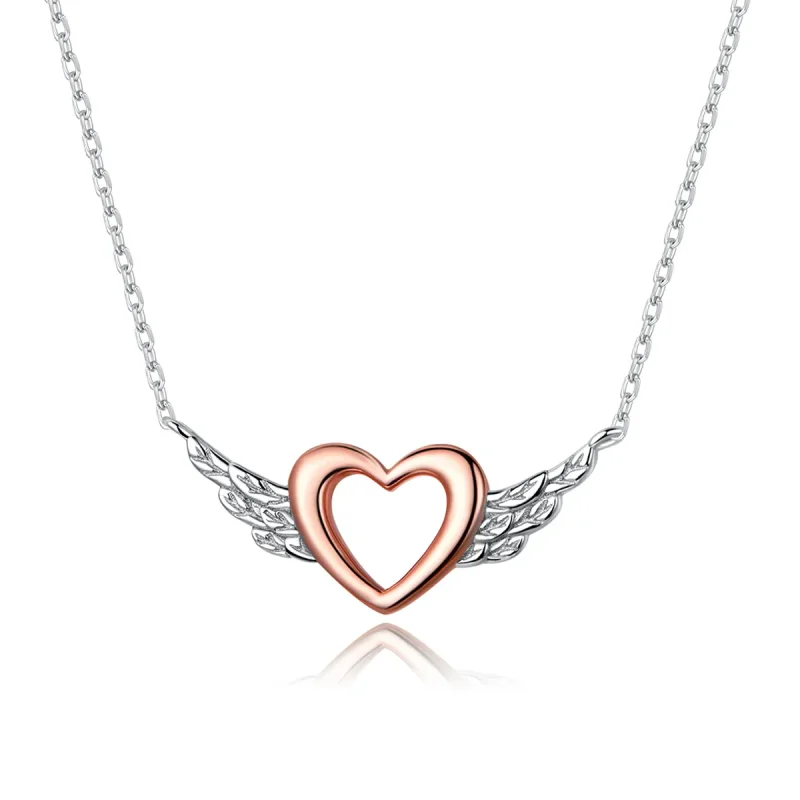 (image for) Pandora Style Two Tone Bicolor Heart Wing Pendant Necklace - BSN162