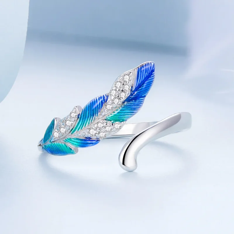 (image for) Pandora Style Dazzling Blue Feather Open Ring - BSR301 - View 3