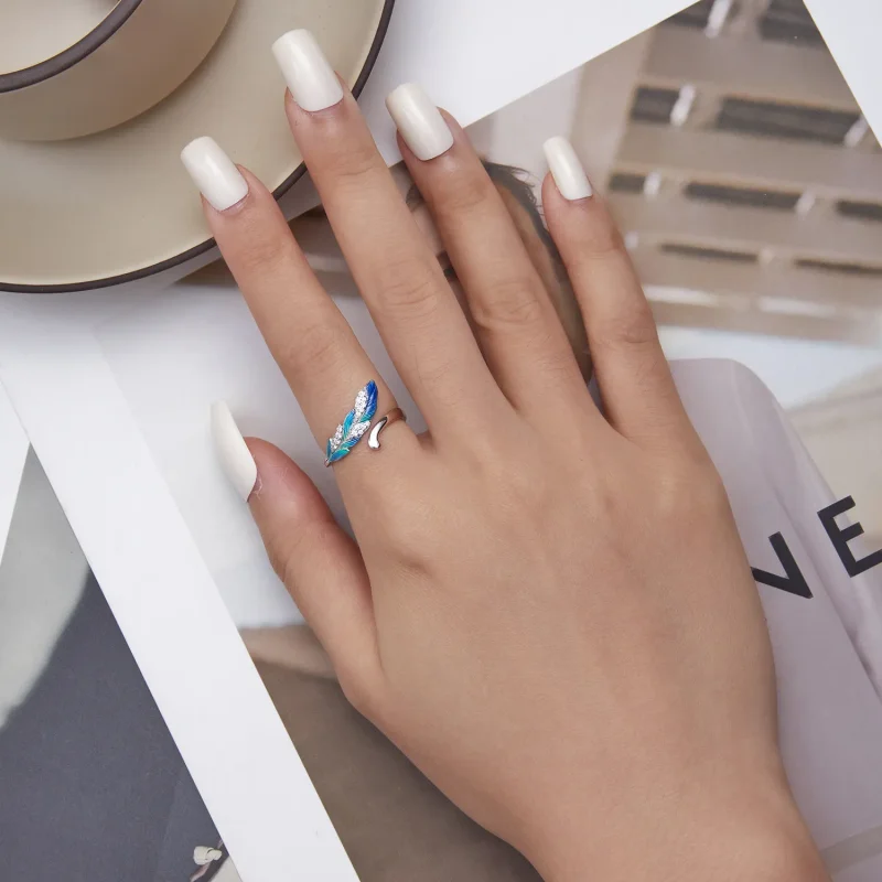 (image for) Pandora Style Dazzling Blue Feather Open Ring - BSR301 - View 5